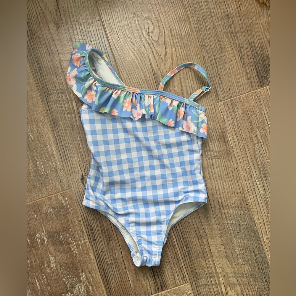New Tommy Bahama Gingham One Piece Swimsuit (2T) cute one shoulder detailing.